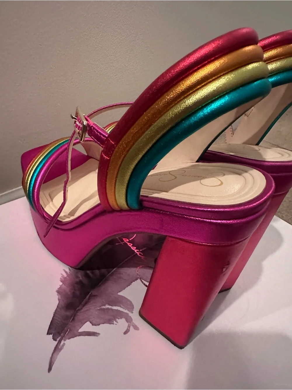 Jessica Simpson metallic Fuchsia Platform Sandals with Rainbow Straps